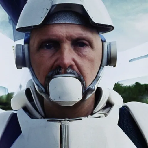 Image similar to close up photograph of a stern faced old man who is a veteran of many futuristic wars with short gray hair and blue eyes. he is wearing a white futuristic suit of heavy combat armor and holding a blaster in one hand and a plaster plazma - proof shield in the other. riding a white armored motorcycle charging into enemy lines while firing plasma bolts. scifi