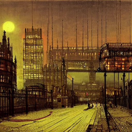 Prompt: future London after the war with the machines by John Atkinson Grimshaw