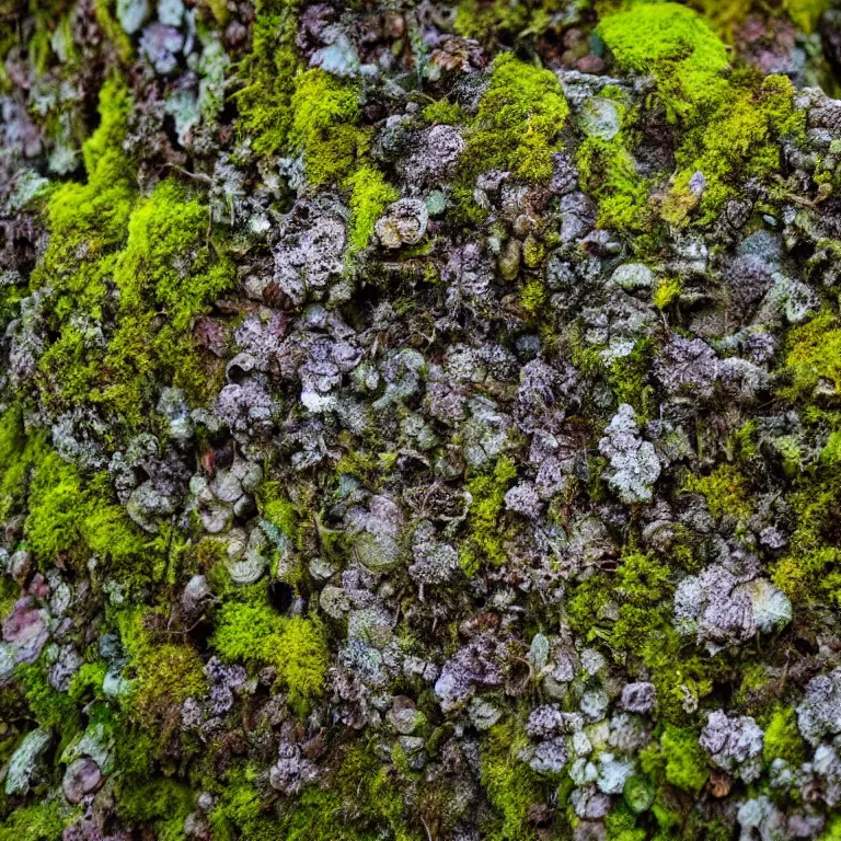 Image similar to a lichens and moss close-up various fungus, mushrooms and plants, inside the picture is infinity, Atmospheric phenomenon, artistic photography, muted colors, conceptual, long exposure outside the city, volumetric light