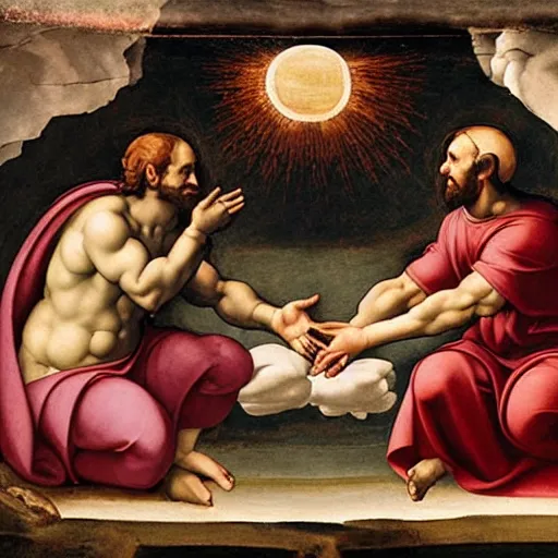 Image similar to The Creation of Adam, god is handing man an iPhone, The Sistine Chapel, Fresco by Michelangelo