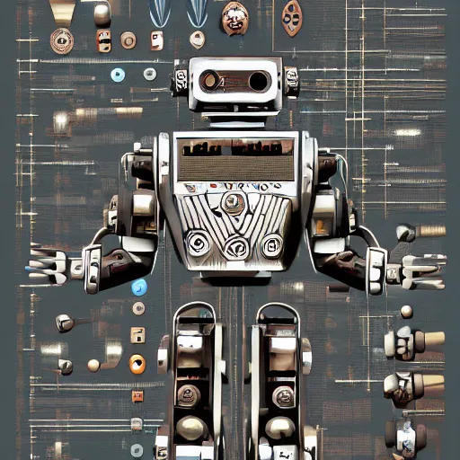 Prompt: a diagram of a robot body with various parts, cyberpunk art by eduardo paolozzi, behance contest winner, computer art, greeble, steampunk, poster art