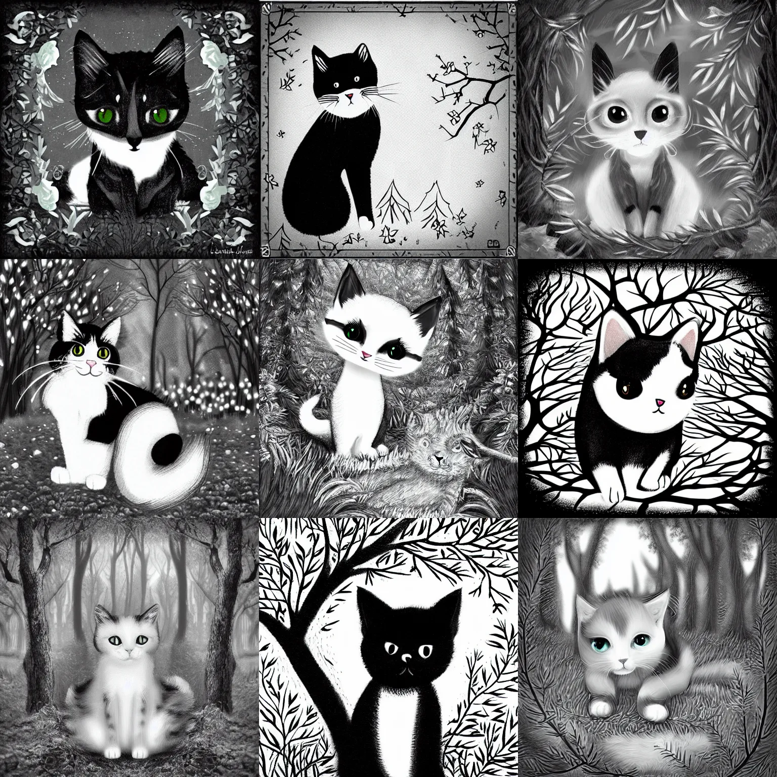 Prompt: “a cute black and white kitty in an enchanted forest, digital art”