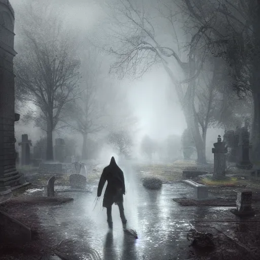 Image similar to a ghost walking though an old cemetary. haunted. night, rain, mist. photoreal. hyper detailed. trending on artstation