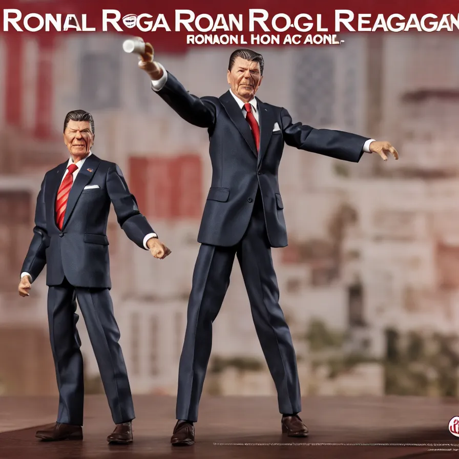 Prompt: ronald reagan hot toys action figure promo shots 4 k photography