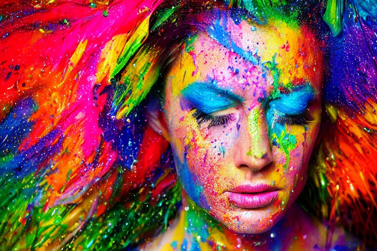 Image similar to a highly detailed cinematic headshot portrait photograph of a woman with a liquid paint headdress, with rainbow paint splash, melting smoothly into other faces, liquid, ultra realistic, beautiful rim lighting, by richard avedon and annie leibovitz and arnold newman, photorealistic, hyperrealistic, octane, high speed camera, zeiss lens, sharp focus, paint splash