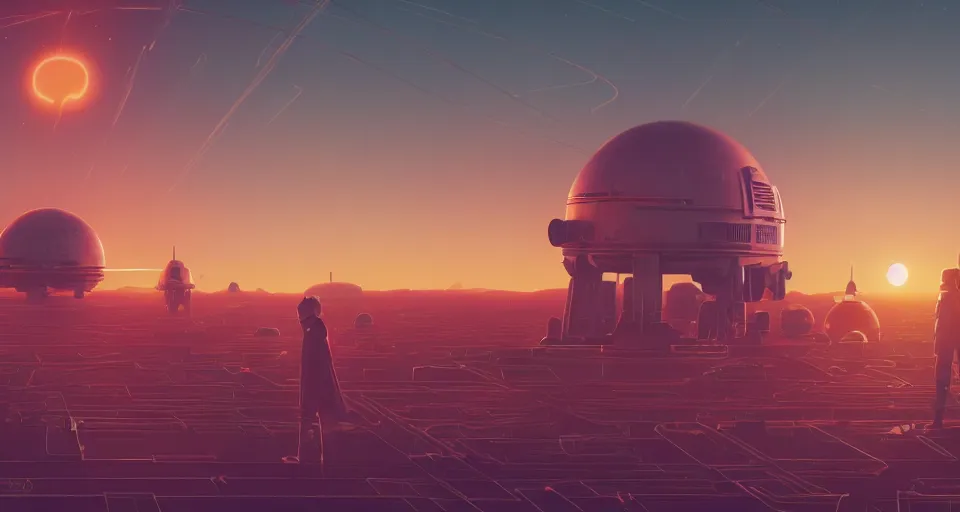 Image similar to Double Sunset on a mechanical neon planet, large twin sunset, cinematic, rendered by simon stålenhag, rendered by Beeple, Makoto Shinkai, syd meade, star wars, inspired by Gundam, environment concept, digital art, unreal engine, 3 point perspective, WLOP, trending on artstation, low level, 4K UHD image, octane render,