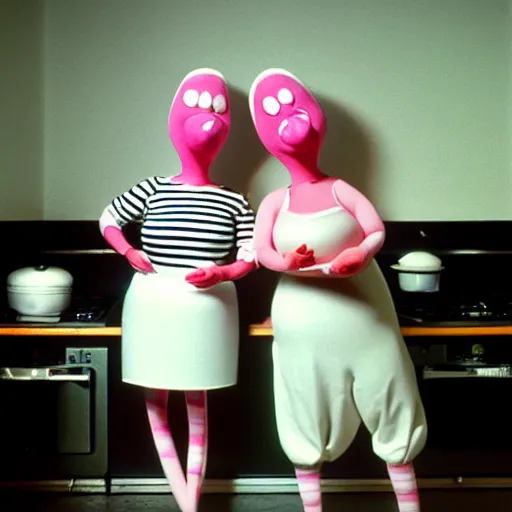 Prompt: 1985 two curvy women in a vintage kitchen baking a cake wearing an inflatable long prosthetic snout nose made of gooey pink slime, soft color wearing stripes sitting on chairs covered in soft fabric, pink slime everywhere, grey striped walls, studio lighting 1985 color film archival footage holding a hand puppet that looks like Caspar the Friendly Ghost, 16mm Russ Meyer John Waters Almodovar Doris Wishman