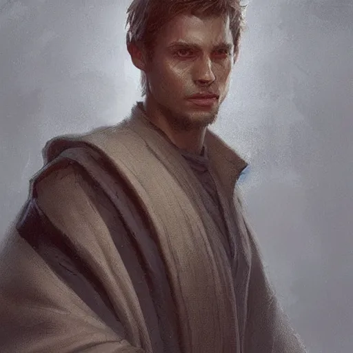 Prompt: portrait of a man by greg rutkowski, owen skywalker from star wars expanded universe, wearing jedi robes, he is about 2 0 years old, highly detailed portrait, digital painting, artstation, concept art, smooth, sharp foccus ilustration, artstation hq