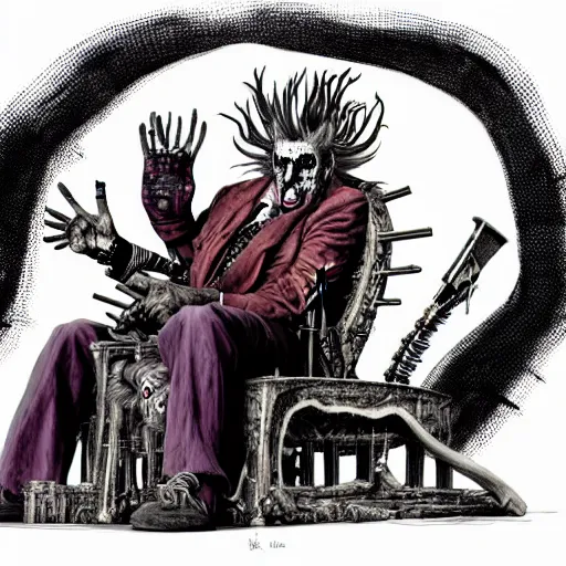 Image similar to graphic illustration, creative design, alice cooper sitting on a throne, biopunk, francis bacon, highly detailed, hunter s thompson, concept art