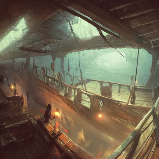 Prompt: waterlogged lower deck of shipwreck, atmospheric lighting, stunning, brave. By Makoto Shinkai, Stanley Artgerm Lau, WLOP, Rossdraws, James Jean, Andrei Riabovitchev, Marc Simonetti, krenz cushart, Sakimichan, D&D trending on ArtStation, digital art
