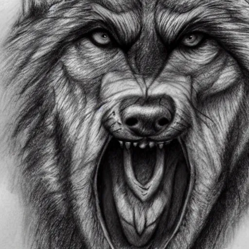 Prompt: Pencil sketch of a man's face emerging from a wolfs mouth, detailed, trending