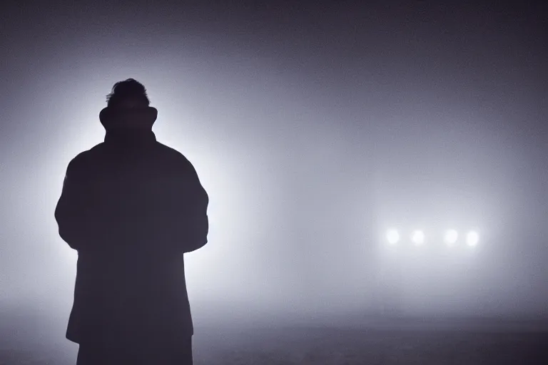 Image similar to a cinematic headshot portrait of an emotional middle aged male stood in a fog filled field, a neon light shines in the distance, ultra realistic, depth, beautiful lighting