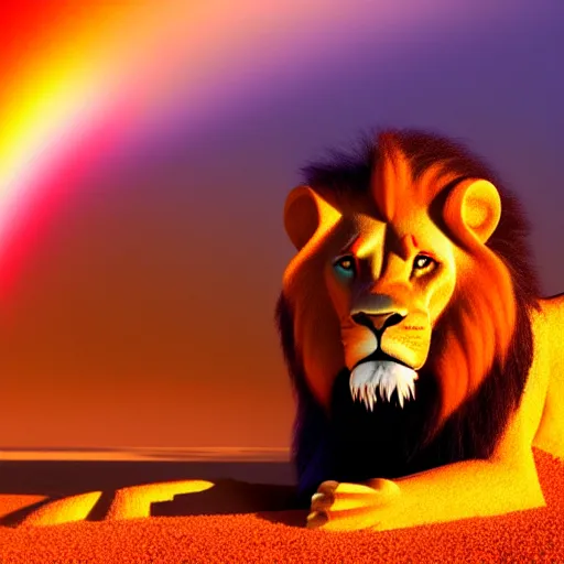 Image similar to lion made of rainbow sand, volumetric light, cinematic, extremely detailed, cgi, trending on artstation, hyper realistic, hd wallpaper, sharp, michael whelan, ted nasmith