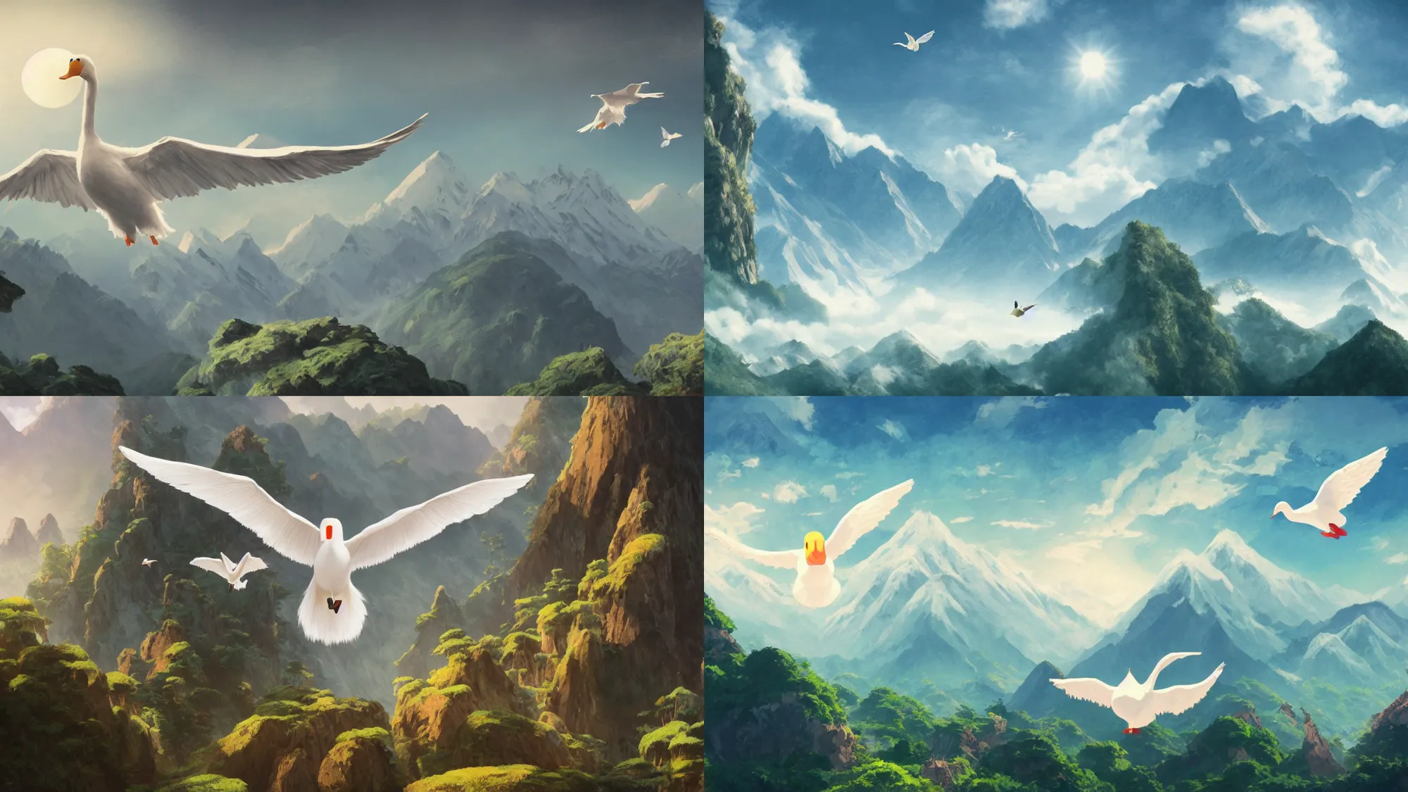 Prompt: Crowd surrounds giant white duck flying over mountains, huge feathery wings, mountain landscape, Himalayas, cozy wallpaper, 4k, high details, volumetric dynamic lighting, motion blur, blur, trending on Artstation, award-winning, art by Studio Ghibli, by Chris Moore