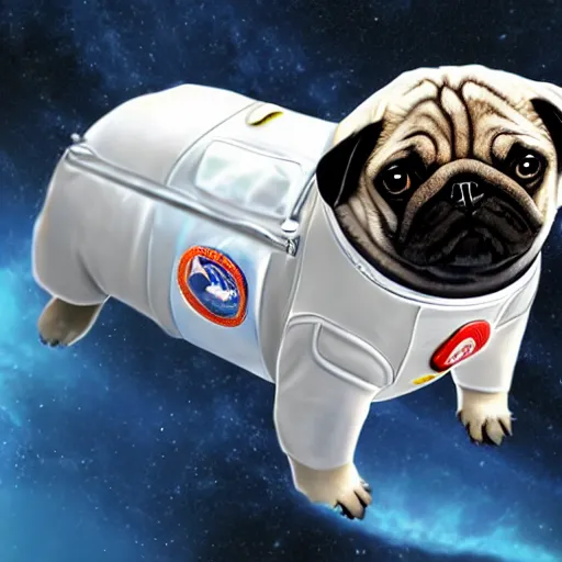 Image similar to A pug in a spacesuit floating through space. Photorealistic.