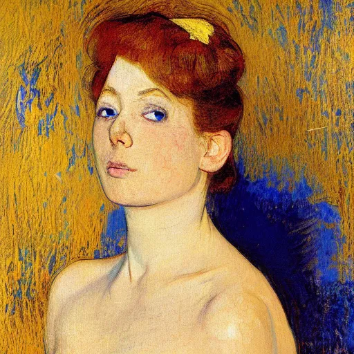 Prompt: palette knife oil painting portrait of a girl in a blue and gold room, film still by goya, by henri de toulouse - lautrec, by klimt, by pontormo, extreme detail, liminal aesthetic, artgerm, deviant art, octane, substance, art history 8 k, art nouveau