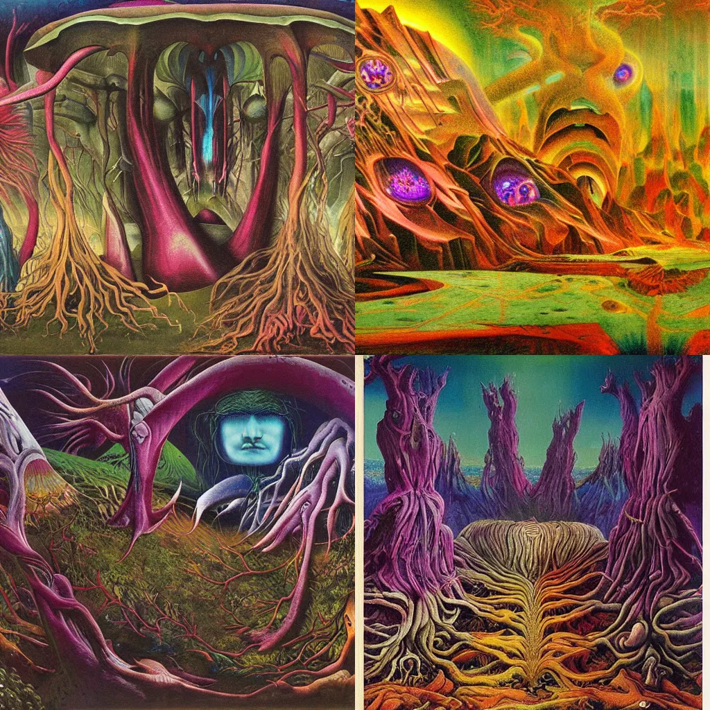 Prompt: exobiome soul fracture pixiv scenery, oil on canvas by Ernst Fuschs (2041)