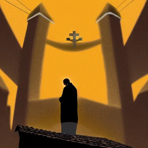 Image similar to Close-up of a terrified catholic priest in his thirties on the roof of a medieval tower watching in fear as an ominous yellow shadow descends upon him from the night sky. He is fervently praying but his eyes are wide open with fear. Low angle, dramatic lighting. Award-winning digital art, trending on ArtStation