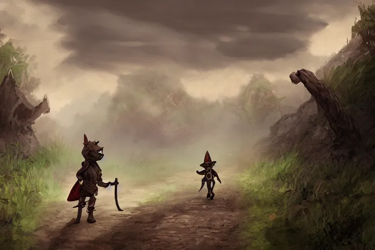 Prompt: a lone d & d kobold, traveling long dirt road, hobo stick over shoulder, fantasy setting, 4 k, digital art