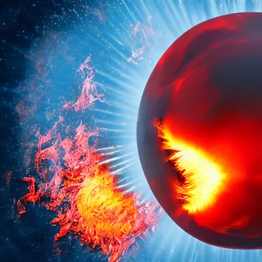Prompt: red hot burning sphere embedded in fireball with fire, 4 k