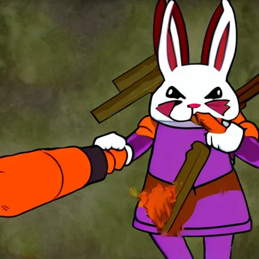 Prompt: an evil rabbit wielding a carrot as a weapon, boss battle