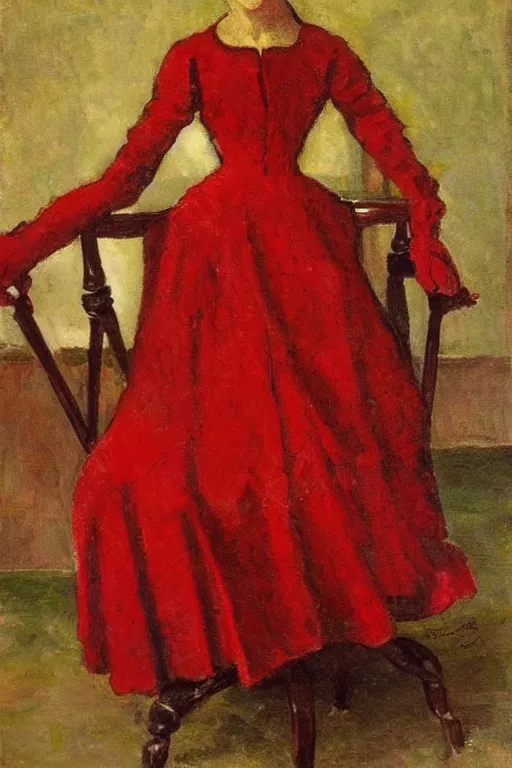 Image similar to a red dress folded over a chair. in the victorian era. in the style of american impressionism painting. triadic color scheme