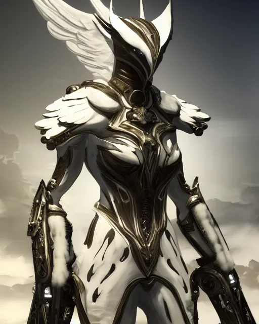 Prompt: tall, fighter wearing white dove wings, warframe armor, regal, attractive, ornate, sultry, scifi platform, 4 k, ultra realistic, epic lighting, illuminated, cinematic, black gold, art by akihito tsukushi, voidstar