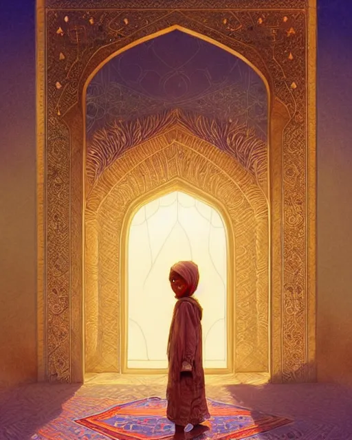 Image similar to a faceless bedouin child infront of a big open quran highly detailed, gold filigree, romantic storybook fantasy, soft cinematic lighting, award, disney concept art watercolor illustration by mandy jurgens and alphonse mucha and alena aenami, pastel color palette, featured on artstation