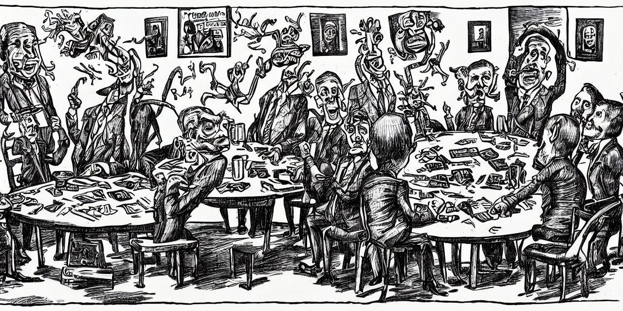 Image similar to surreal caricature sketch by r. crumb, theme of giant insects playing cards while seated around a round table