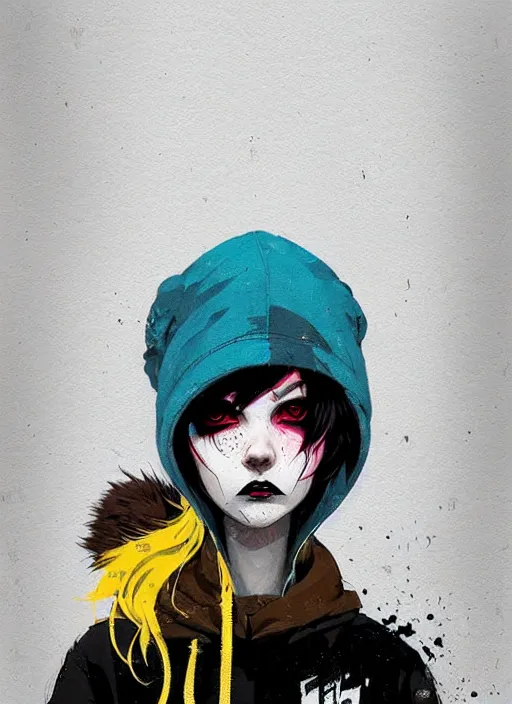 Image similar to highly detailed portrait of a sewer punk lady student, blue eyes, tartan hoody, hat, white hair by atey ghailan, greg rutkowski, greg tocchini, james gilleard, joe fenton, kaethe butcher, gradient yellow, black, brown and cyan color scheme, grunge aesthetic!!! ( ( graffiti tag wall ) )