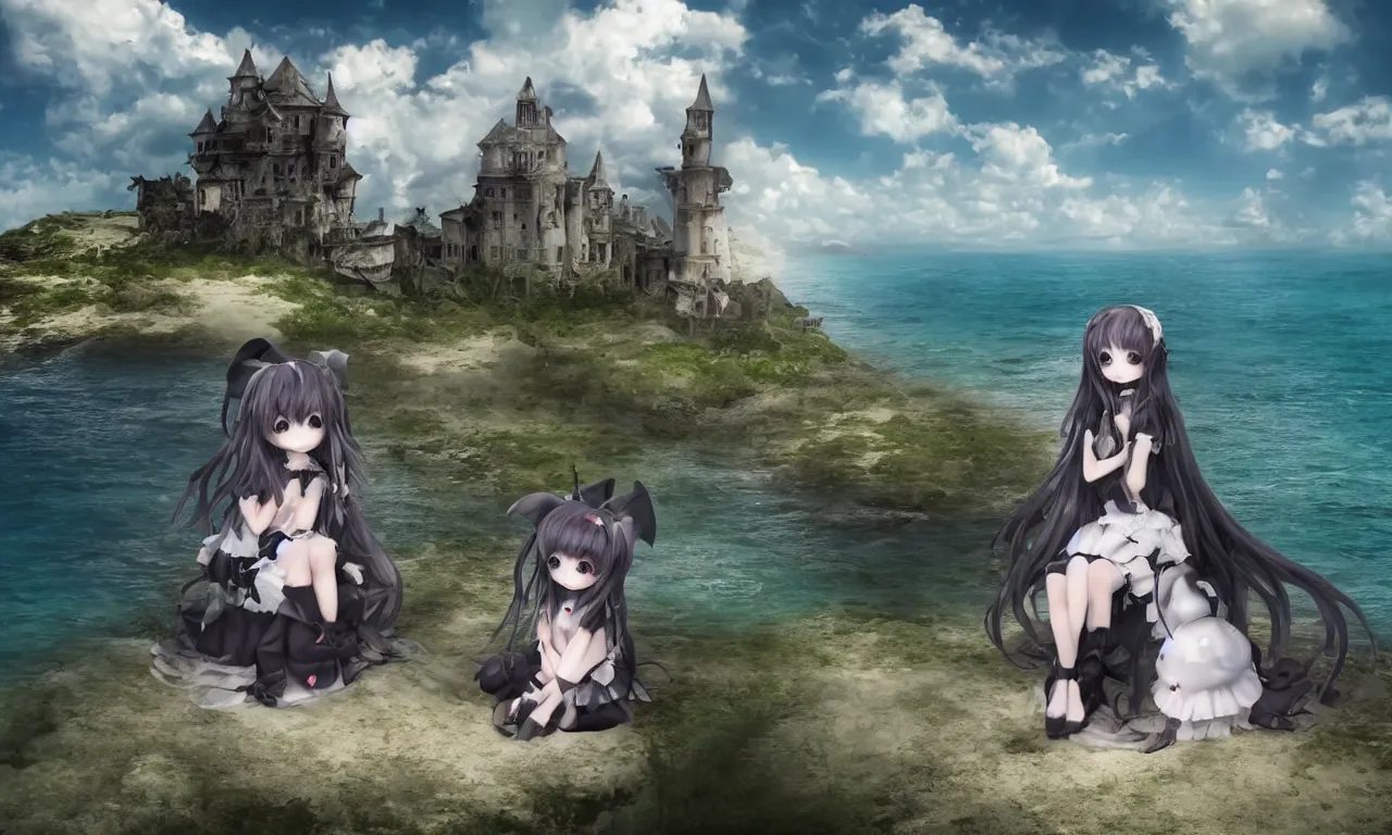 Image similar to cute fumo plush girl enigmatic gothic maiden anime girl on an abandoned island surrounded by the sea, marine seascape, vignette, vray