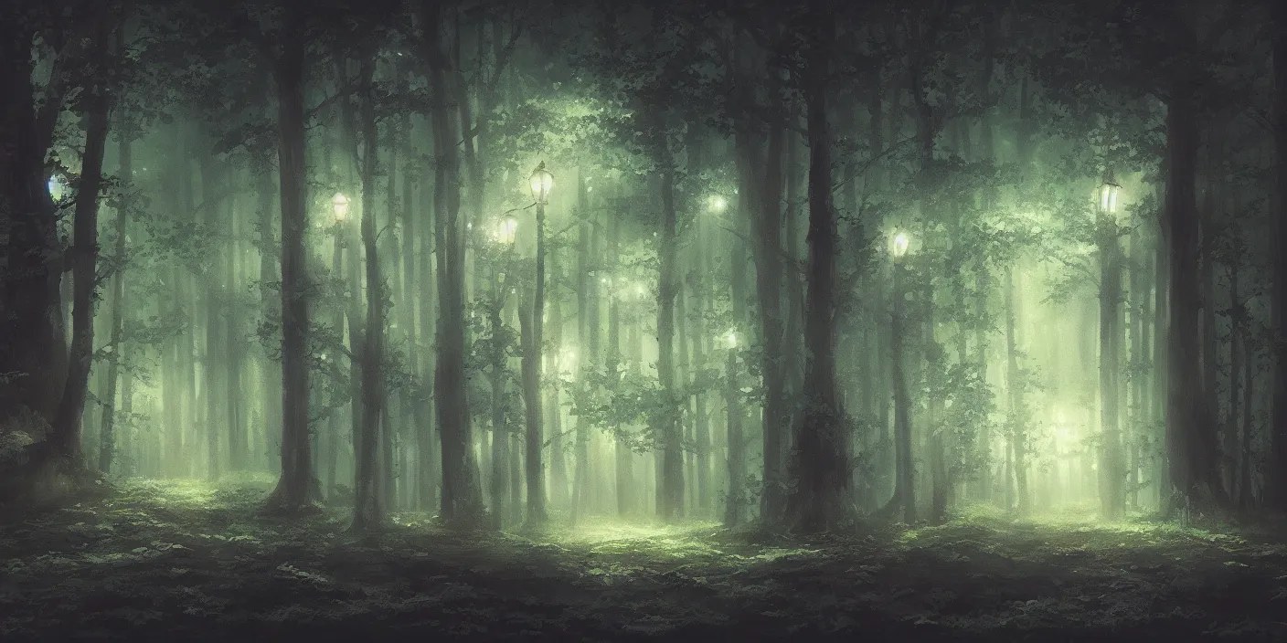 Image similar to a forest at night, cinematic angle, studio Ghibli, cinematic lighting, digital art, detailed oil painting, hyperrealistic, 8k