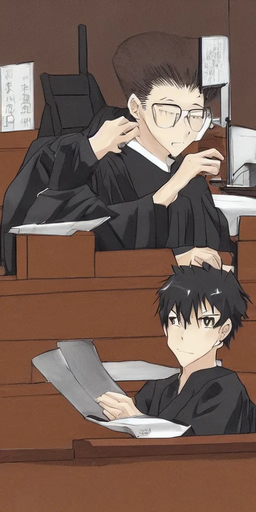 Image similar to powerful anime judge, in a court room with a scale on his desk, drawn by a famous anime artist, high quality, fine lines,
