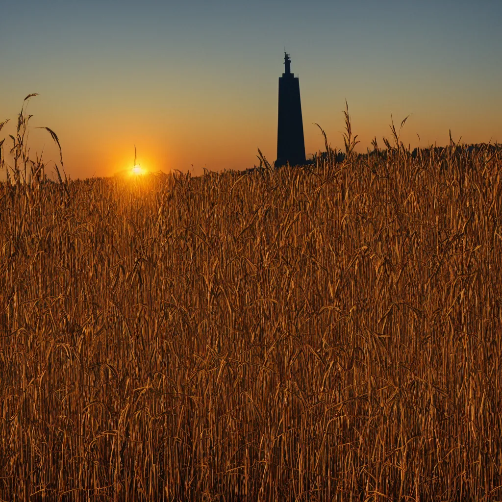 Prompt: my dream of a towering oblisk in a grain field, golden hour