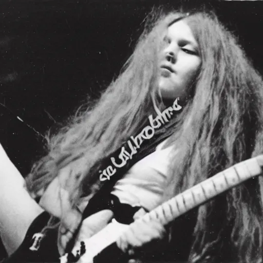 Prompt: 19-year-old girl, long shaggy red hair, playing electric guitar, stoner rock concert, live on stage, super 8mm, 1973