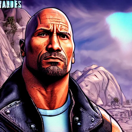 Image similar to dwayne douglas johnson portrait, borderlands, tales from the borderlands, the wolf among us, comic, cinematic lighting, studio quality, 8 k