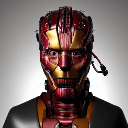 Image similar to animatronic Robert Downey Jr, exposed wires, photo, Stan Winston studios, detailed, 4k