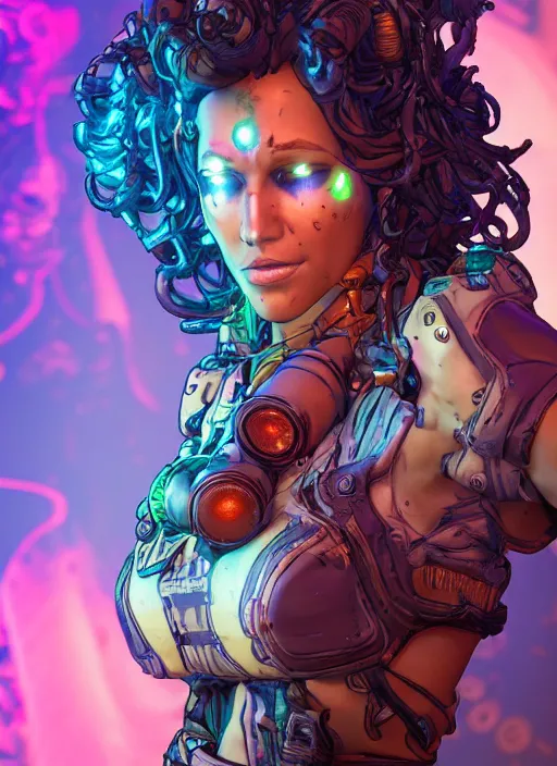 Prompt: glowwave portrait of curly hair muscular hot girl from borderlands 3, au naturel, hyper detailed, digital art, trending in artstation, cinematic lighting, studio quality, smooth render, unreal engine 5 rendered, octane rendered, art style by klimt and nixeu and ian sprigger and wlop and krenz cushart.