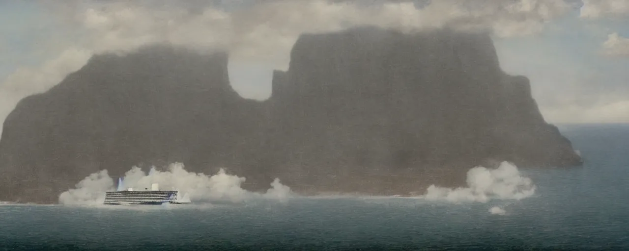 Image similar to cruise ship colossus near misty black cliffs over steamy water by Fernand Khnopff, matte painting