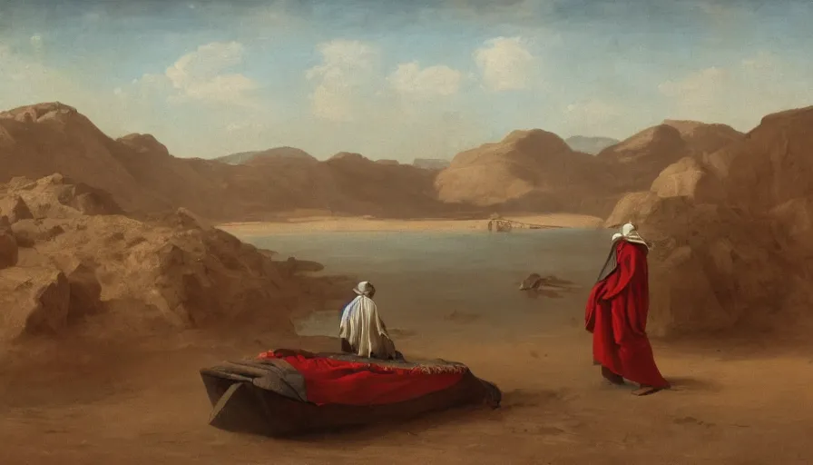 Prompt: movie still of a man in red drapery in a small flesh boat next to a neo - classical city in the desert, eastmancolor, heavy grain, high quality, high detail, run, mud