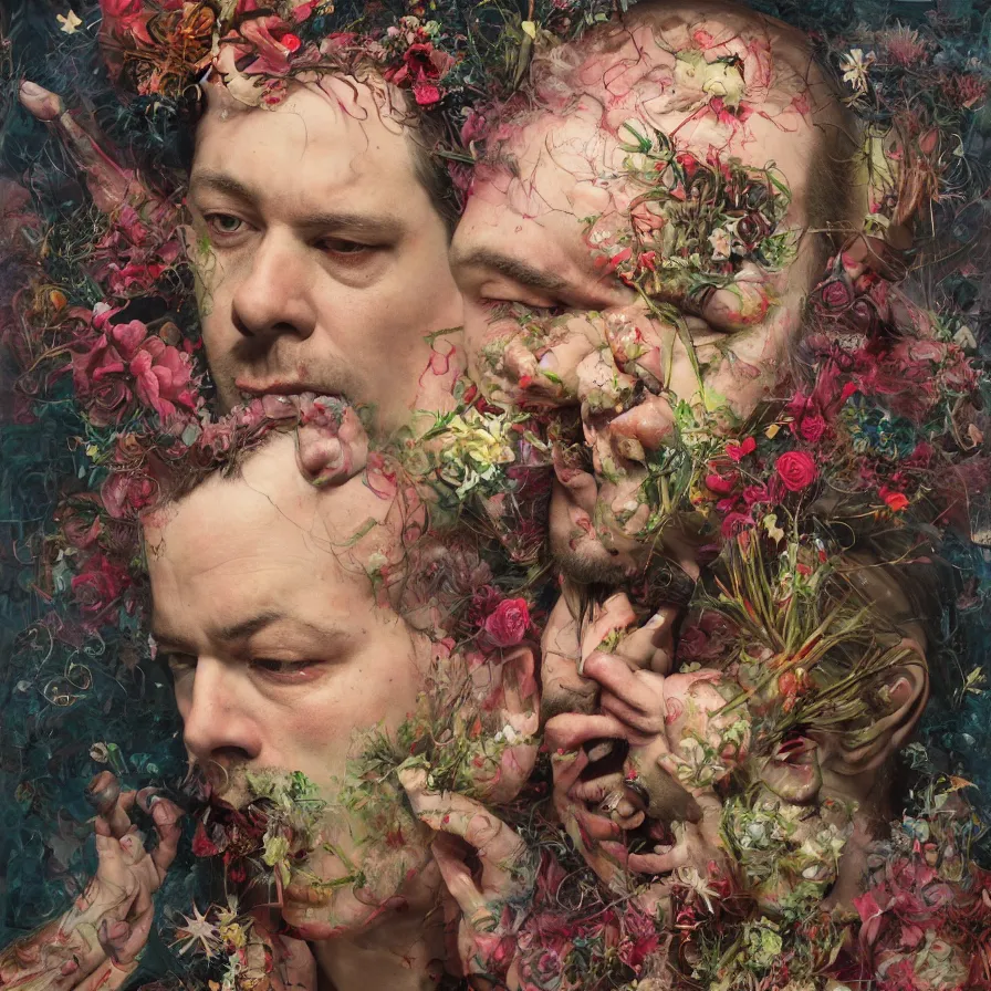 Image similar to male portrait of todd solondz eating babies and puking blood, surrounded by flowers by francis bacon, karol bak, james jean, tom bagshaw, rococo, trending on artstation, cinematic lighting, hyper realism, dramatic, emotional, octane render, 8 k, hyper detailed.