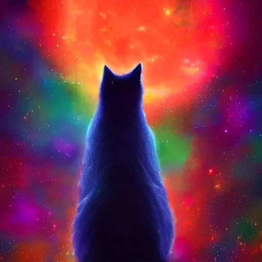 Prompt: back of a fluffy orange cat sitting and looking into space, nebula, galaxy, stars, colorful, vibrant, rich colors, 8 k, illustration, painting, artstation