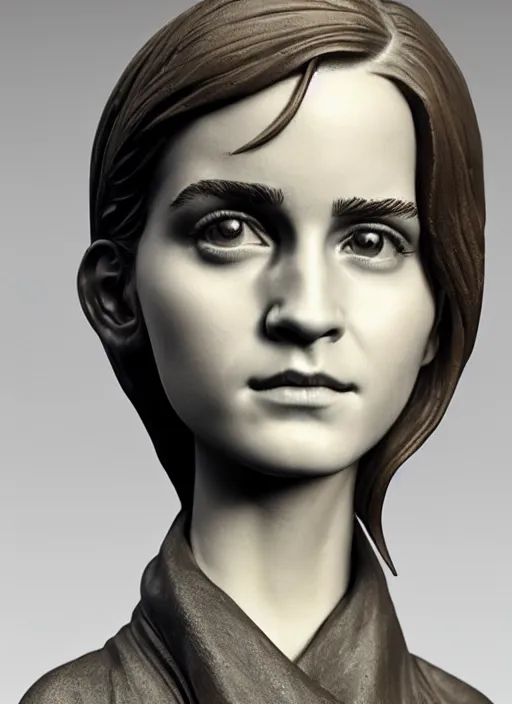 Prompt: 3D resin miniature sculpture of Emma Watson by Jean-Baptiste Carpeaux and Luo Li Rong, prefect symmetrical face, academic art, realistic, 8K, Introduction factory photo, Product Introduction Photo, Hyperrealism. Subsurface scattering, raytracing, Octane Render, Zbrush, simple background