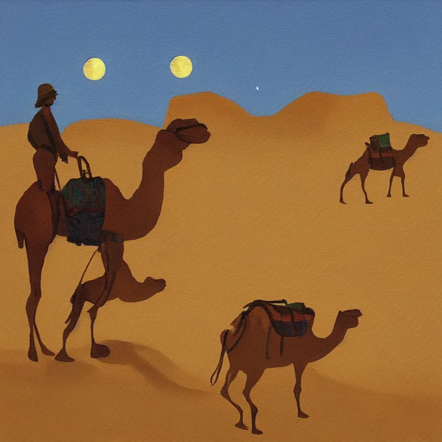 Image similar to “In cubistic style, an oil painting of a camel pulling a red tractor through the desert at night. There is a full moon ”