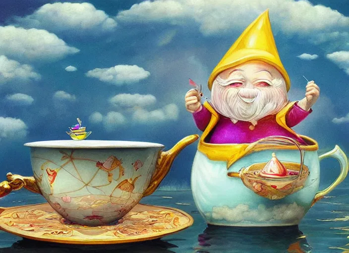 Image similar to a garden gnome sailing in a teacup, whimsical background of a reflective pond on a sunny day with dramatic clouds, an ultrafine detailed painting by mark ryden, trending on deviantart, pop surrealism, whimsical, lowbrow, joyous