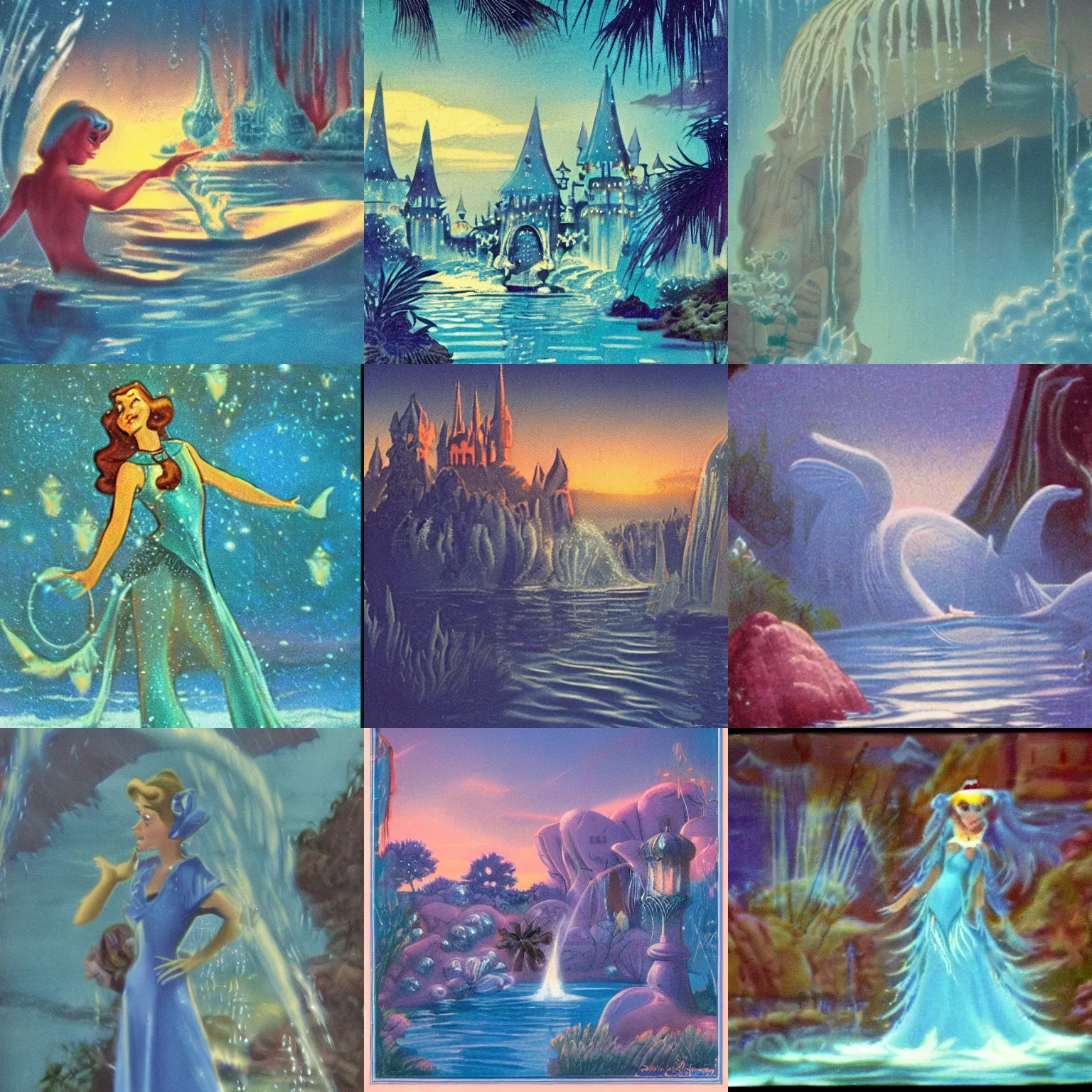 Prompt: closeup fantasy with water magic, at gentle dawn blue light, vintage disney, 1 9 7 0 s grainy vintage illustrations