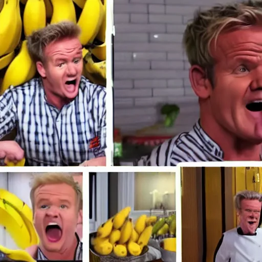 Prompt: Gordon Ramsey screaming at bananas in pyjamas in the kitchen