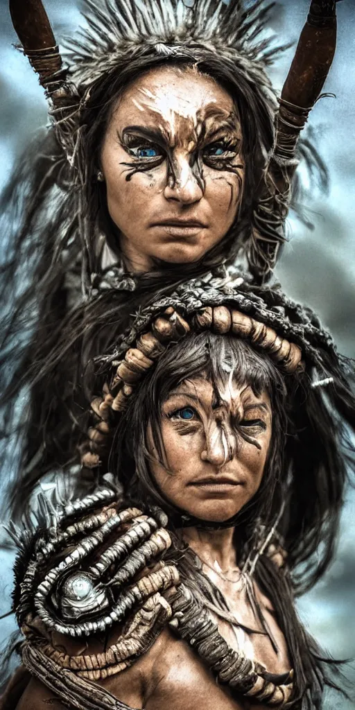 Image similar to fight portrait ancient shaman tribeswoman in battlerage, destroyed armor inspired by monster hunter, low shot, muscular body, symmetrical face, clean face, subtle make up, destruction around her, frozen time,dramatic lighting, cinematic, establishing shot, extremely high detail, photorealistic, 300 the movie,monster hunter the movie, dune the movie, cinematic lighting, artstation, octane render, western,old photo, vintage
