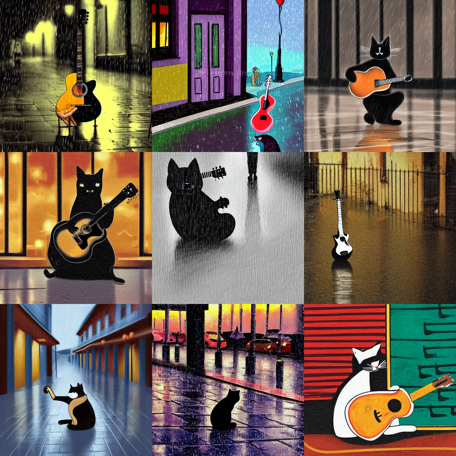 Prompt: a cat playing guitar on the street on a rainy evening, digital art