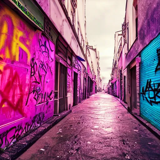 Image similar to photo realistic lively alley in paris at night after rain storm with warm glowing lamps and graffiti on walls with a woman in a pink bikini walking her large purple dog noir goddess, character design, dark fantasy, photo realistic, unreal engine, terrifying ambience, smooth lighting, cinematic lighting, masterpiece, ultra detailed, hyper realistic, octane render, 8 k, photo - realistic